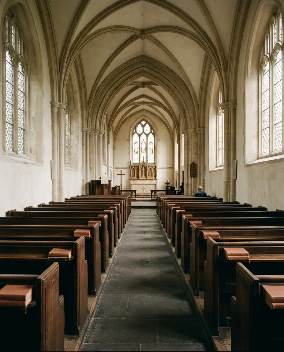 A quiet, historic church interior with desaturated natural light streaming through wooden pews