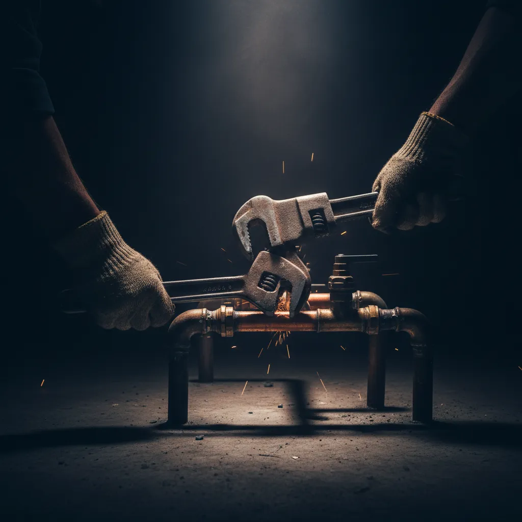 Plumbing service technician working on pipes
