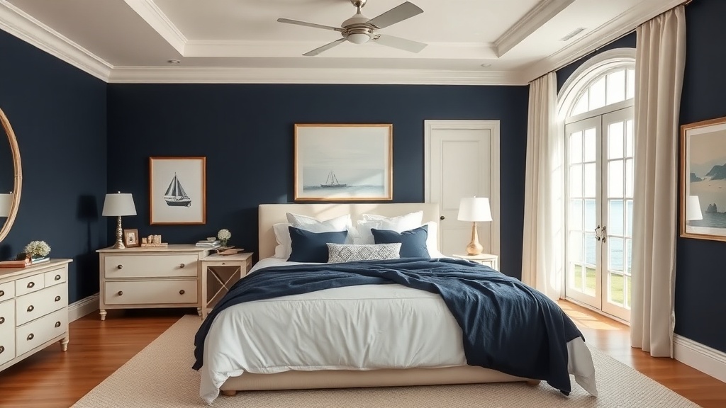 Elegant coastal master bedroom with navy and cream color scheme, bright natural light