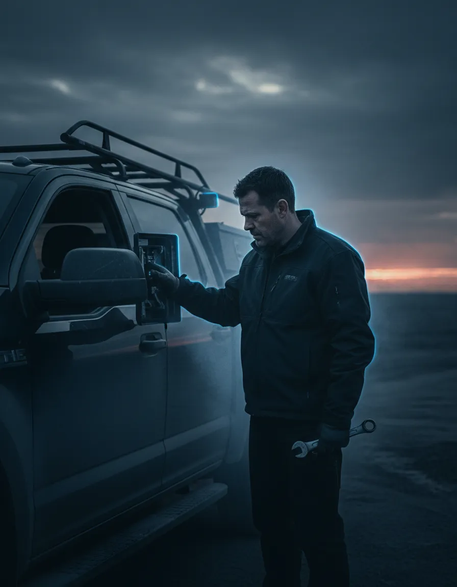 Desaturated dark photo of a frustrated service vehicle owner highlighting business vulnerability