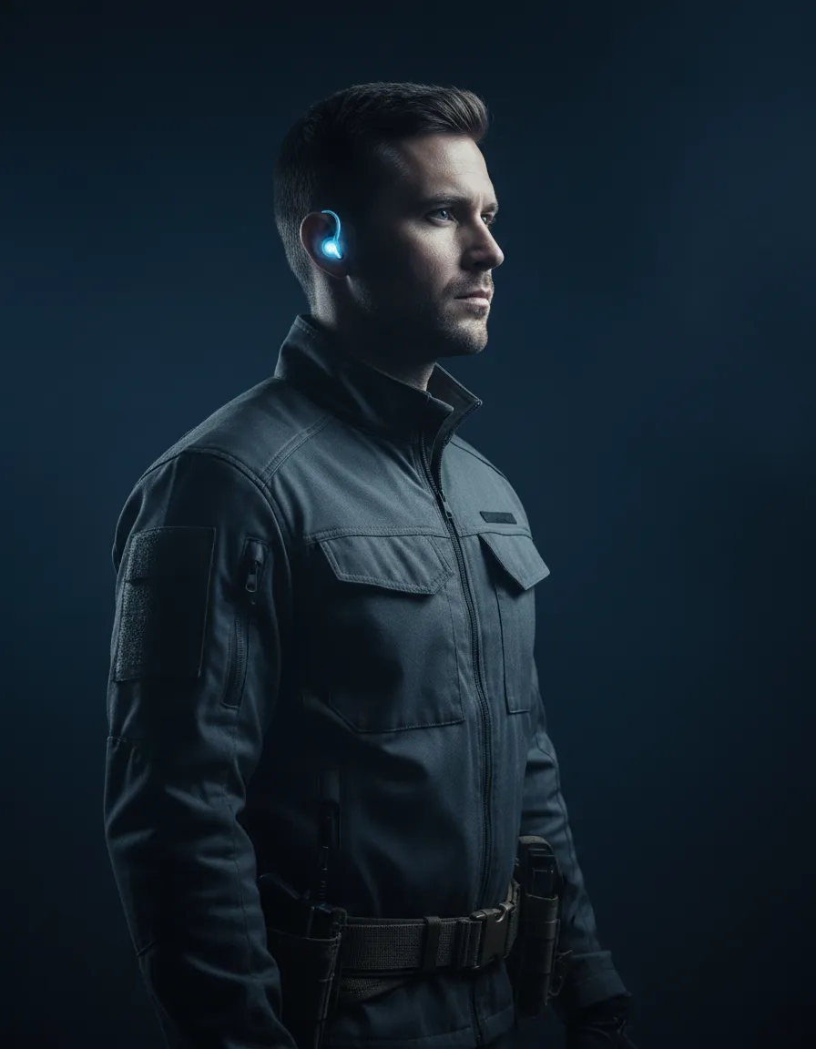 Service professional in the field wearing a glowing blue tactical earpiece