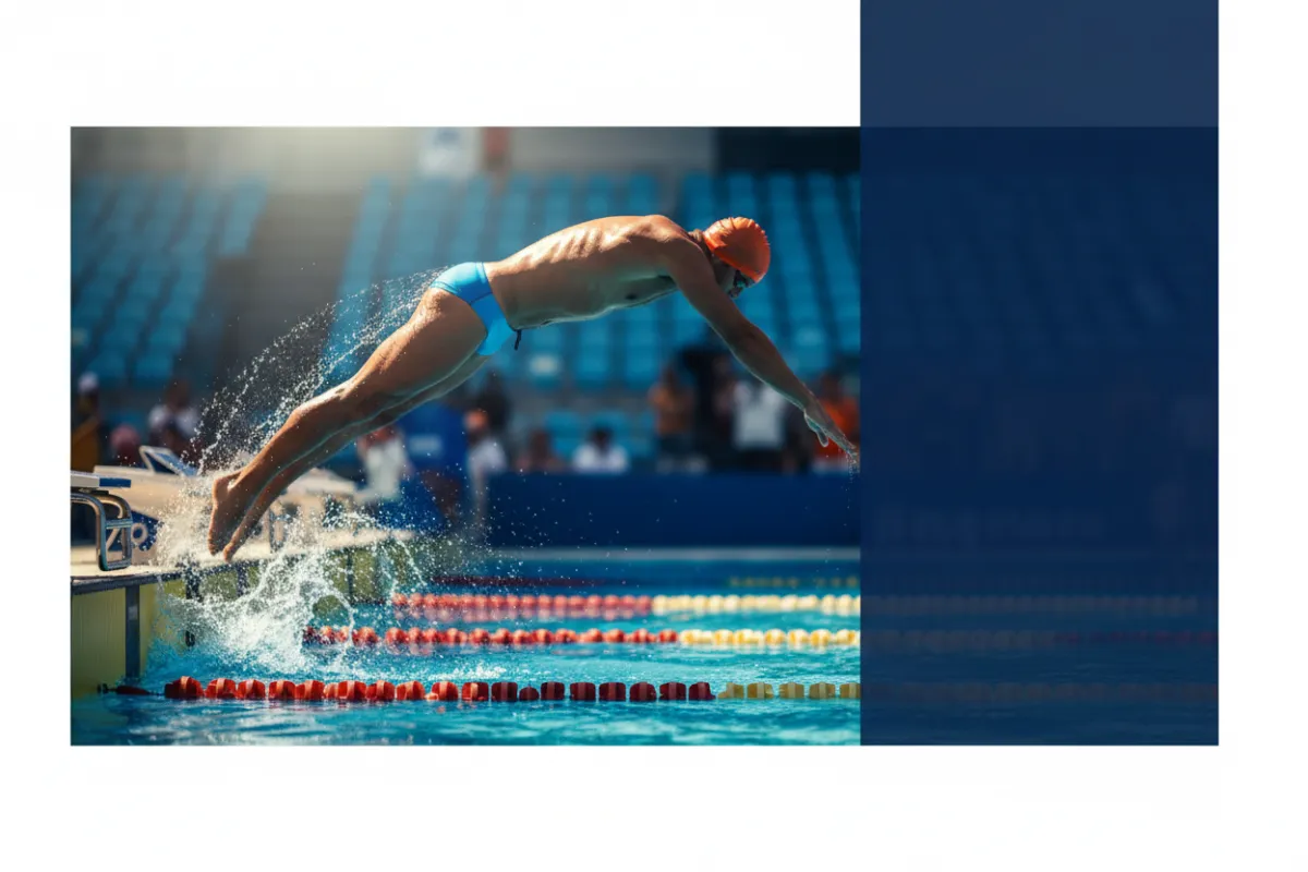 Swimmer diving with motion blur and navy overlay for swim meet promotion.