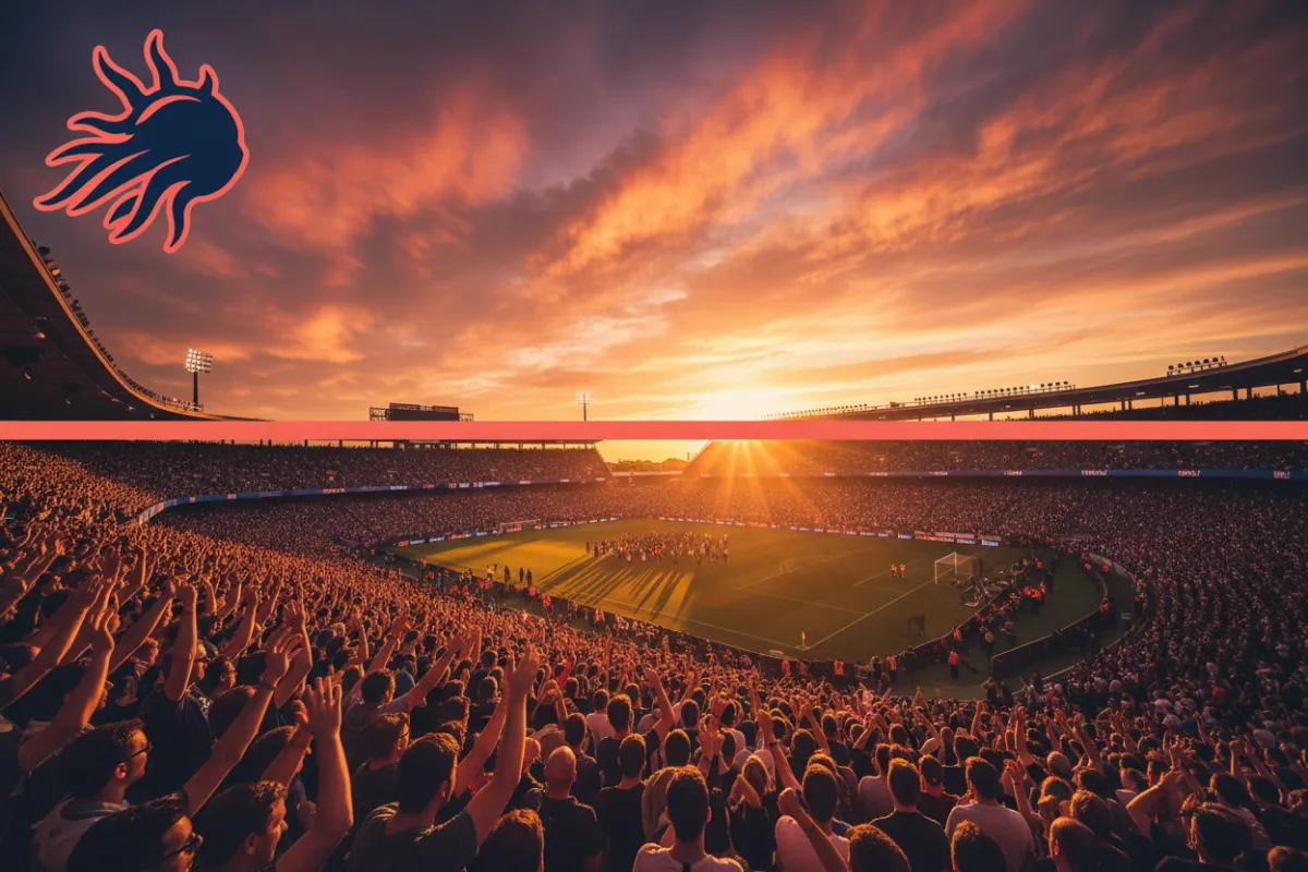 Stadium crowd under sunset lighting with bold seasonal ticket offer headline.