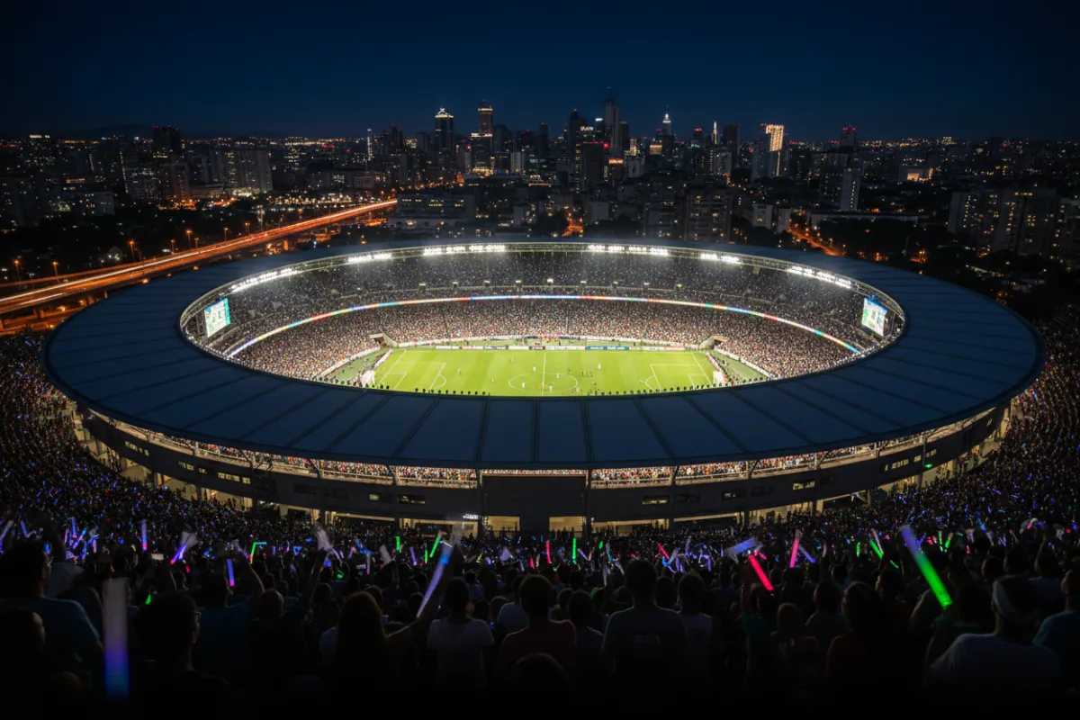 Illuminated city stadium at night packed with an energetic crowd.