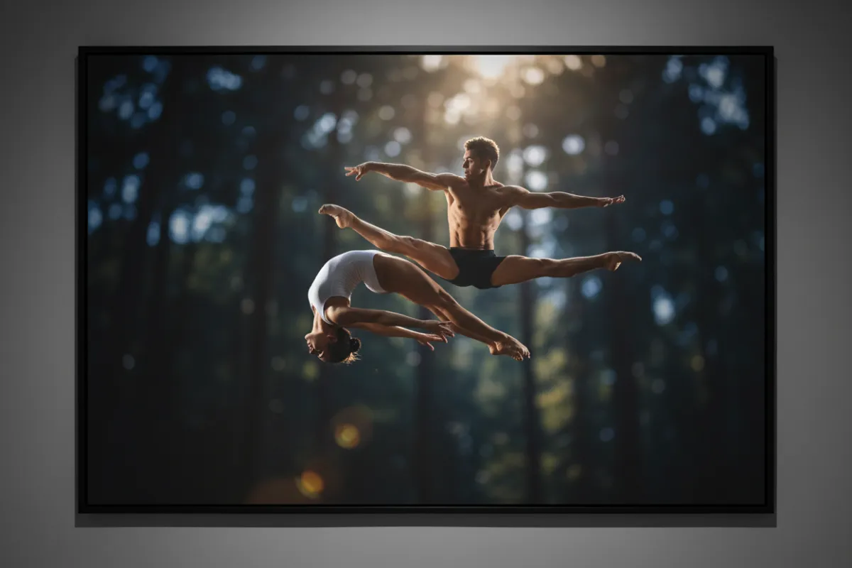 Dramatic gymnasts in mid-air with shallow depth of field and high contrast.