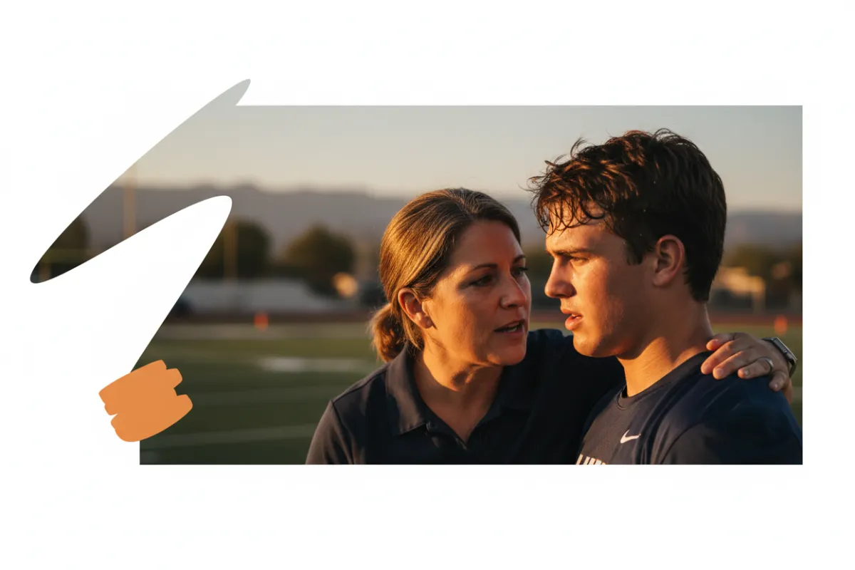 Coach giving a pep talk with warm orange accent for calls-to-action.