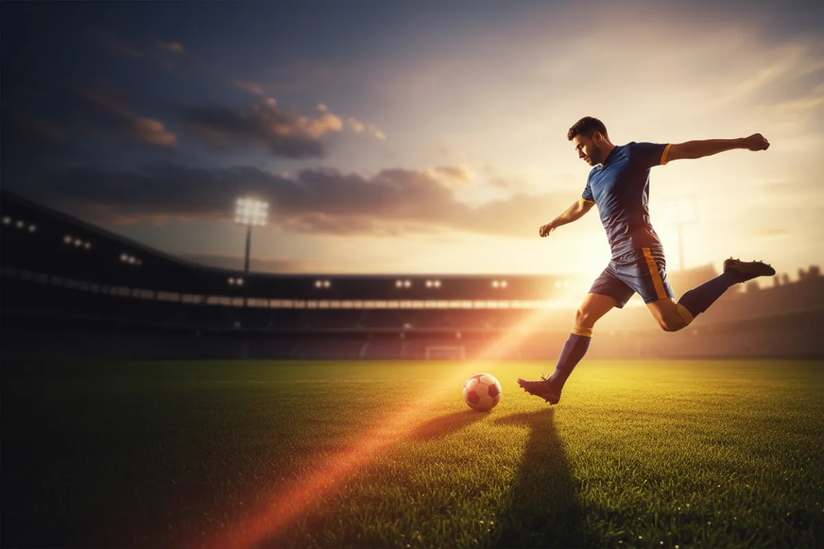 Soccer player mid-kick on grass with coral accent flare for ticketed club events.