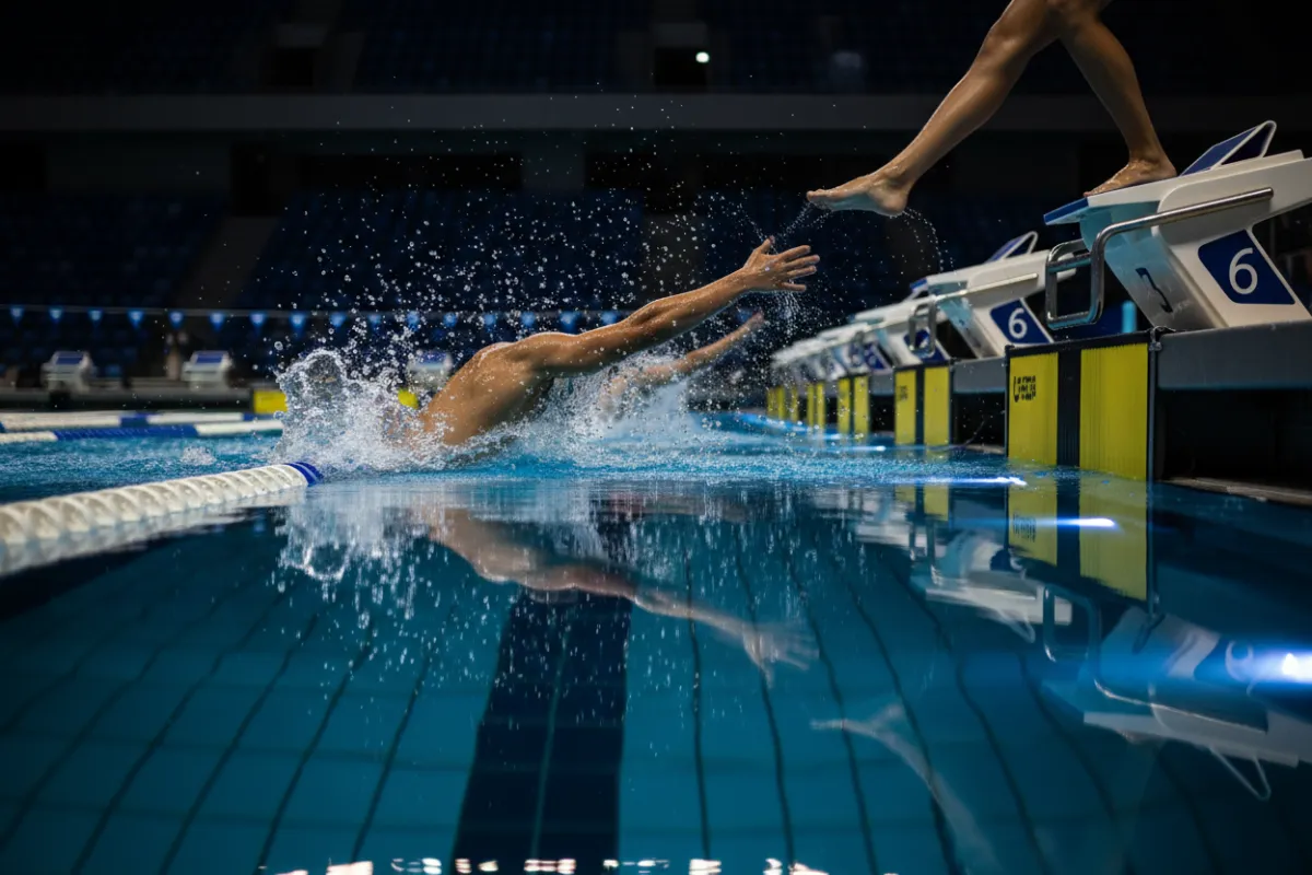 Swimming relay exchange frozen mid-action with bright pool lights.