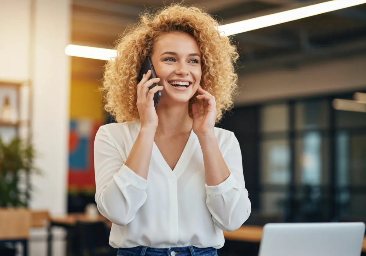 Happy, smiling person talking joyfully on their smartphone