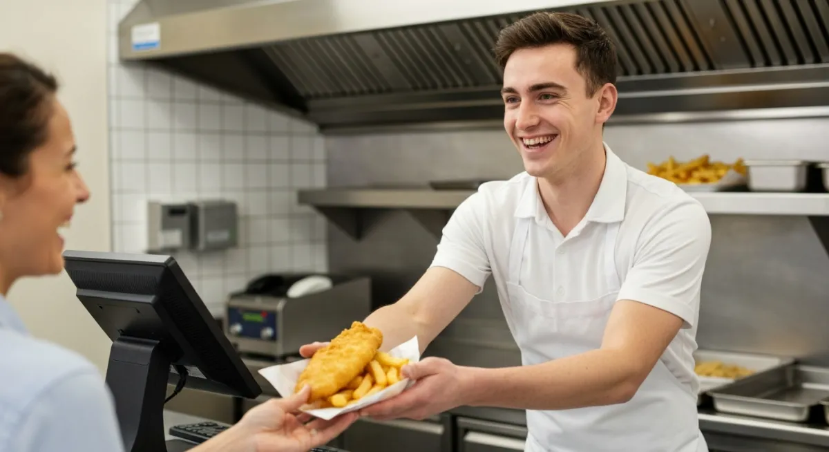 Happy worker passing fish and chips
