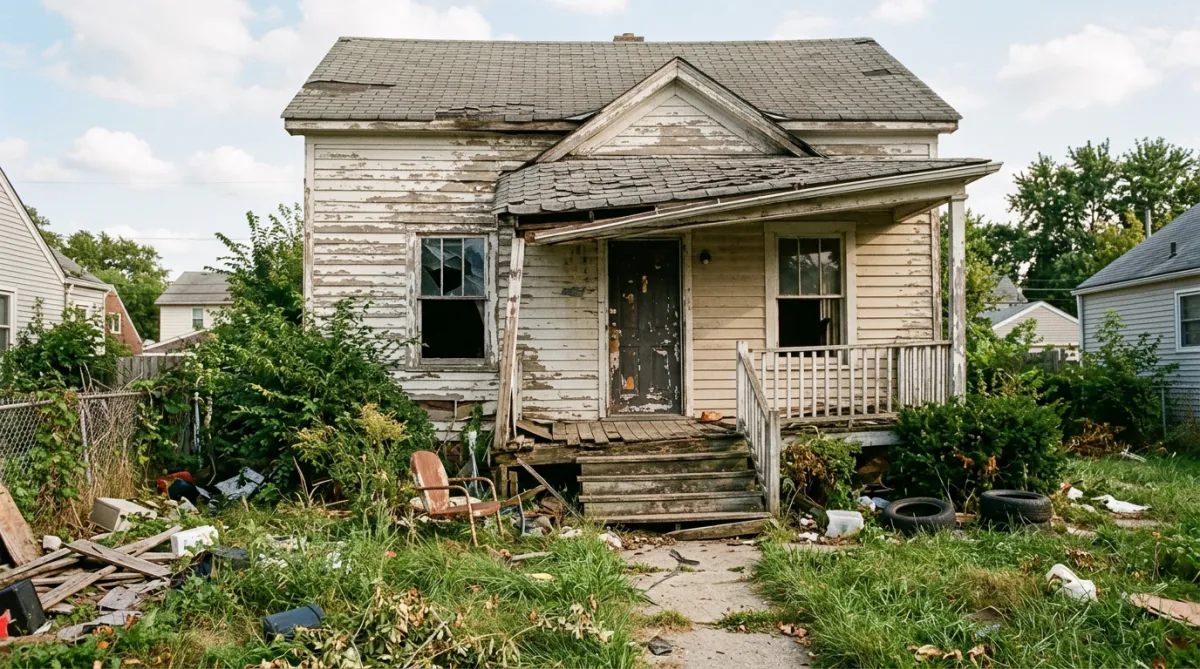 Exterior photo of a run-down house that needs repairs