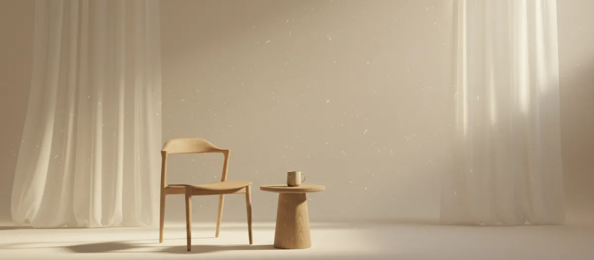 Calming lifestyle vignette with candle, books, and greenery on a wooden surface