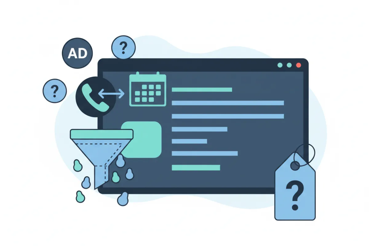 Concept image showing lack of data visibility: blurred analytics charts, disconnected ad icons, phone call icons not linked to appointments, a leaking funnel indicating lead drop-off, and a question mark over cost-per-booked-job. Caption: Four visibility problems are shown — unclear analytics, disconnected ad and call tracking, lead leakage through the funnel, and an unknown cost-per-booked-job.