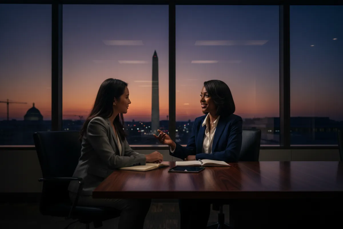 A realistic photograph of a Black professional coaching a client in a modern Washington, D.C. office with the Washington Monument visible through large windows; candid, natural lighting, professional attire, landscape crop