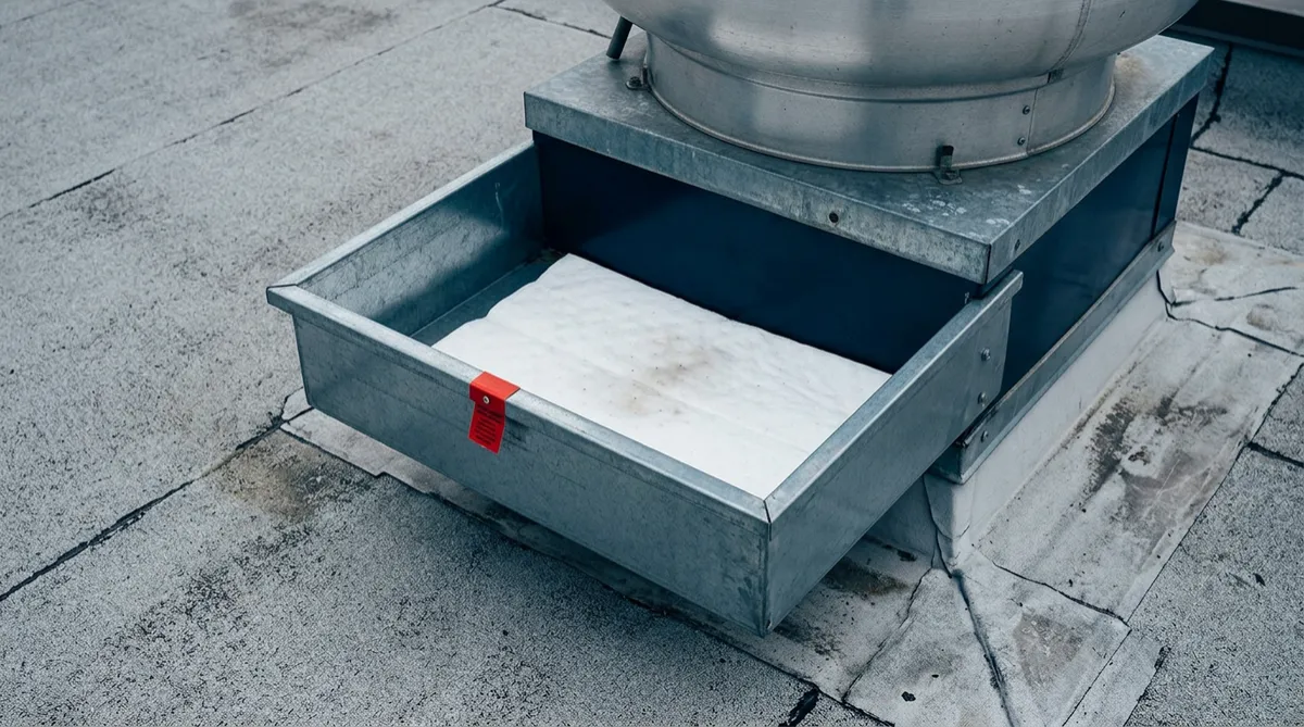 Rooftop grease containment box and hydrophobic absorbent pad installation