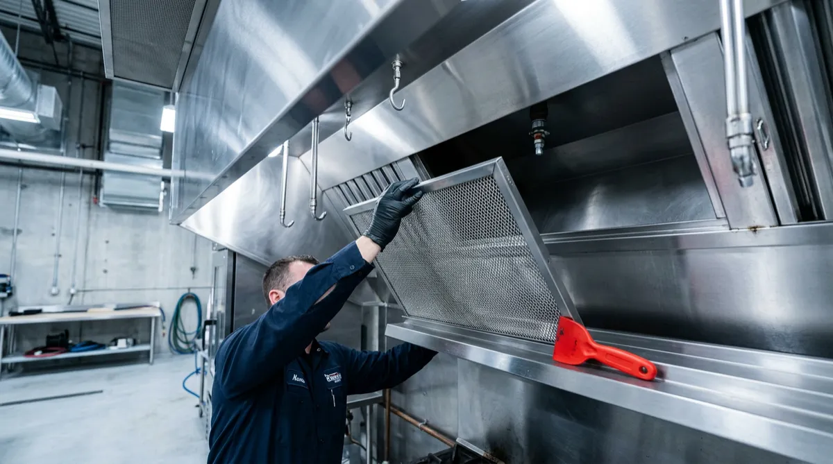 Commercial kitchen exhaust hood and stainless steel filter deep cleaning