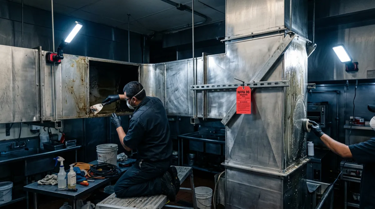 Horizontal and vertical commercial kitchen exhaust duct scraping and degreasing