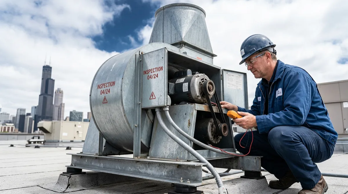 Rooftop commercial kitchen exhaust upblast fan and motor inspection