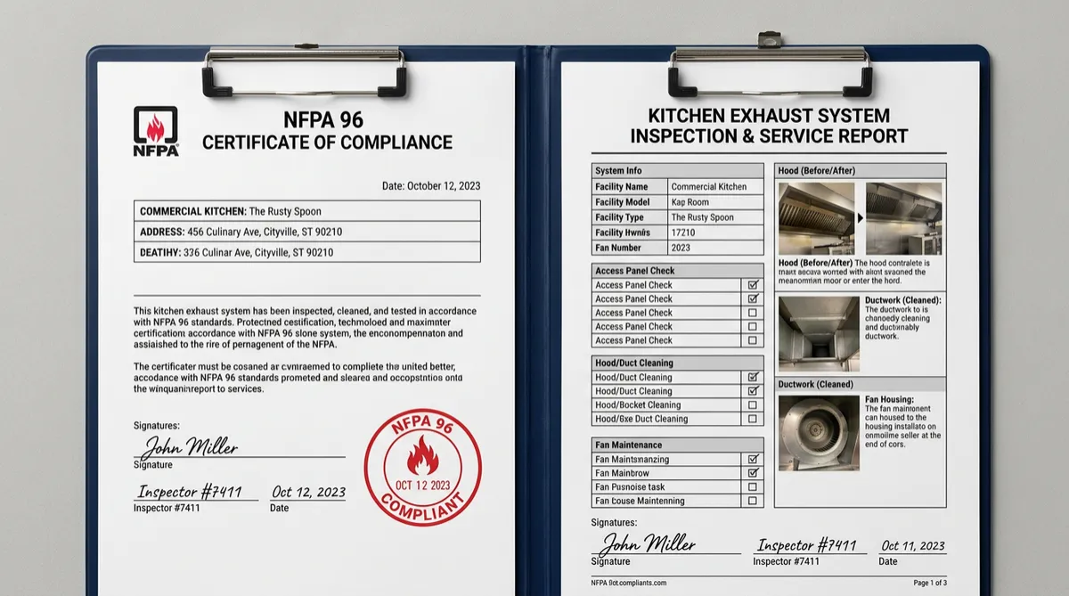 NFPA 96 compliance certificate and photo-documented kitchen exhaust inspection report