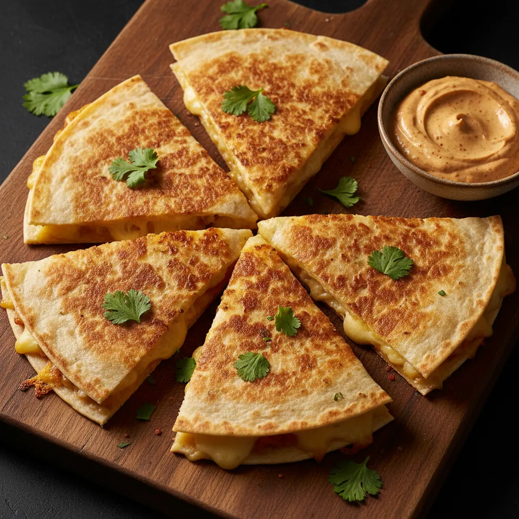 Golden grilled quesadilla quarters with garnish and dipping sauce.