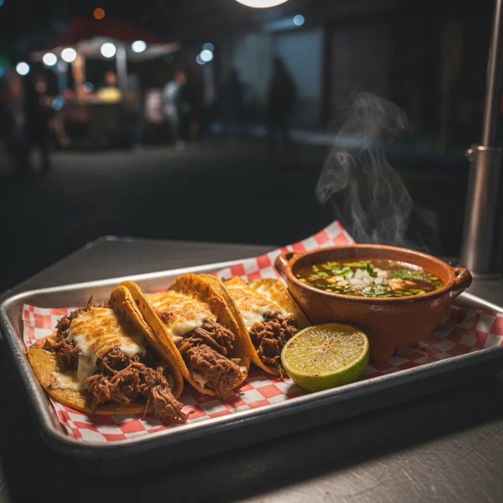 Birria tacos on a tray with consommé for dipping.