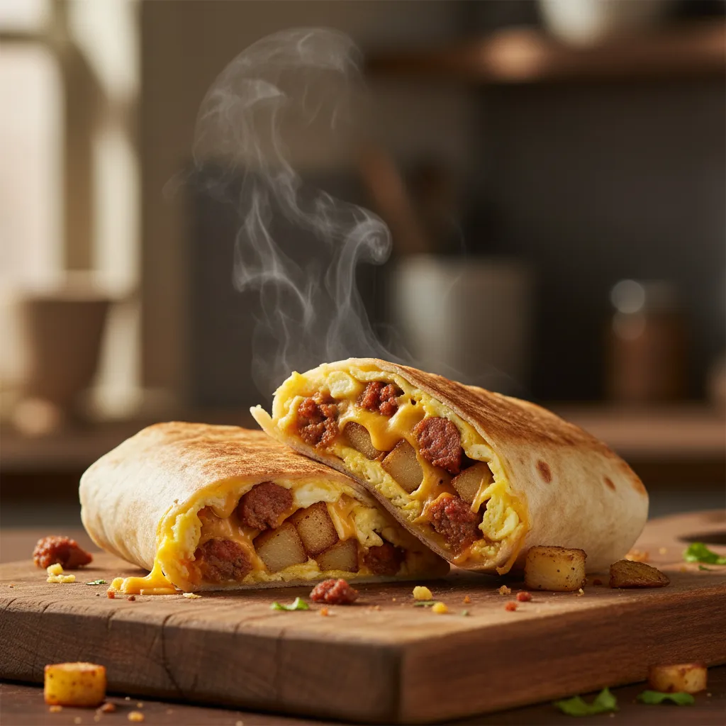 Breakfast burrito cut in half showing eggs, chorizo, potatoes, and melted cheese.