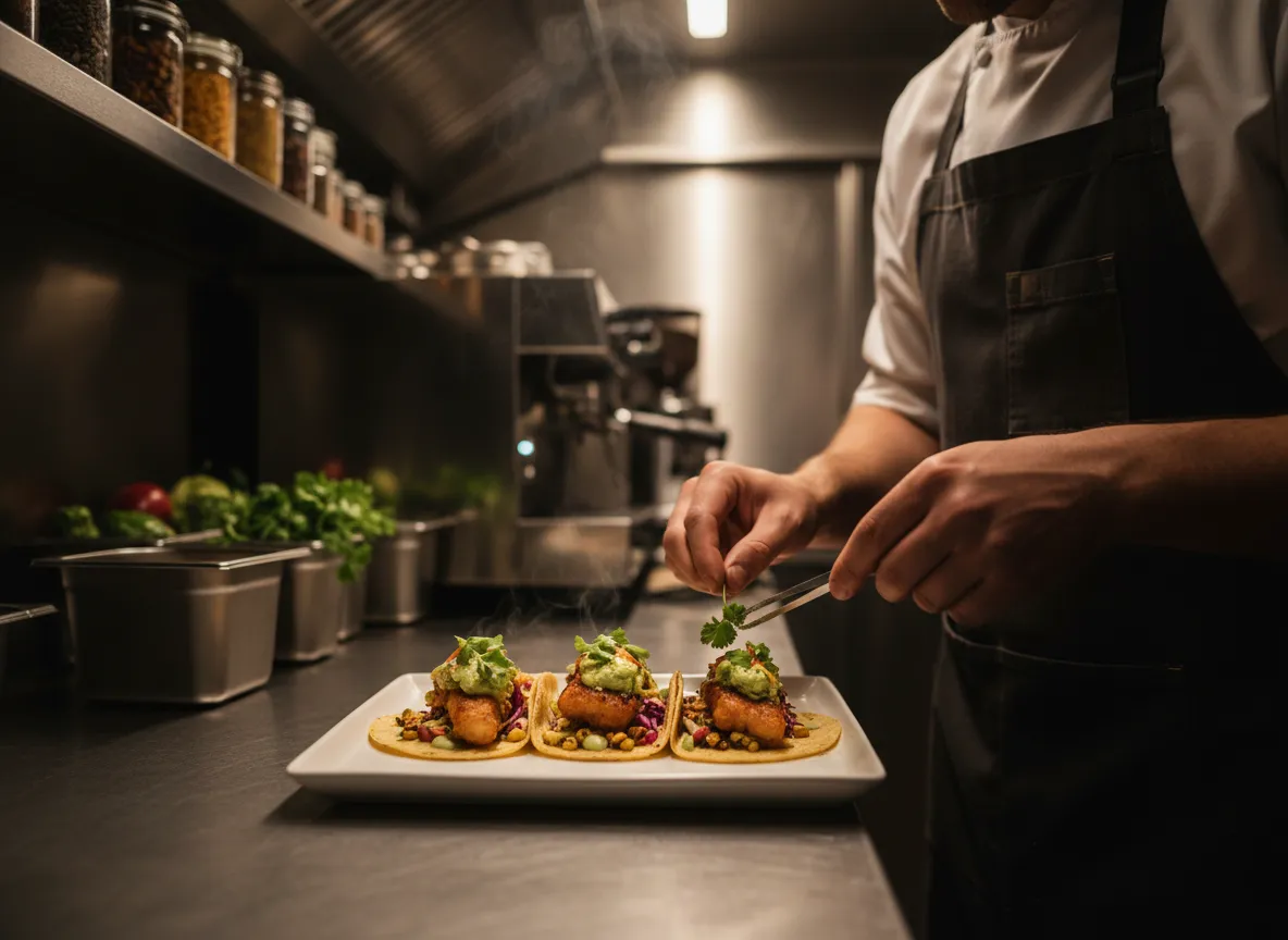 Chef plating gourmet tacos inside a modern food truck