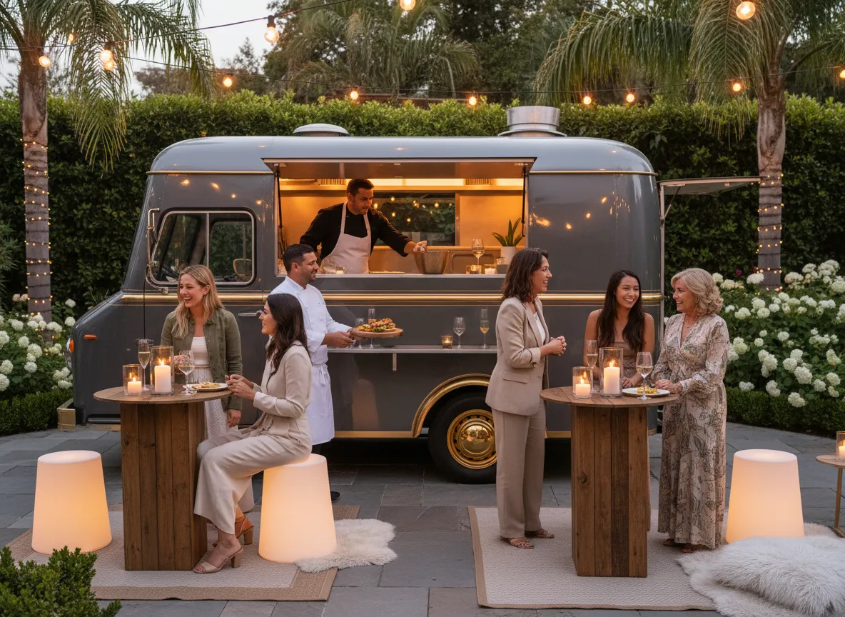 Guests enjoying gourmet food from a modern food truck at a cozy evening gathering