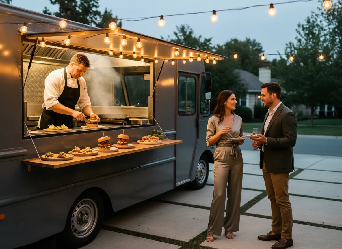 Luxury food truck serving gourmet dishes at an evening event