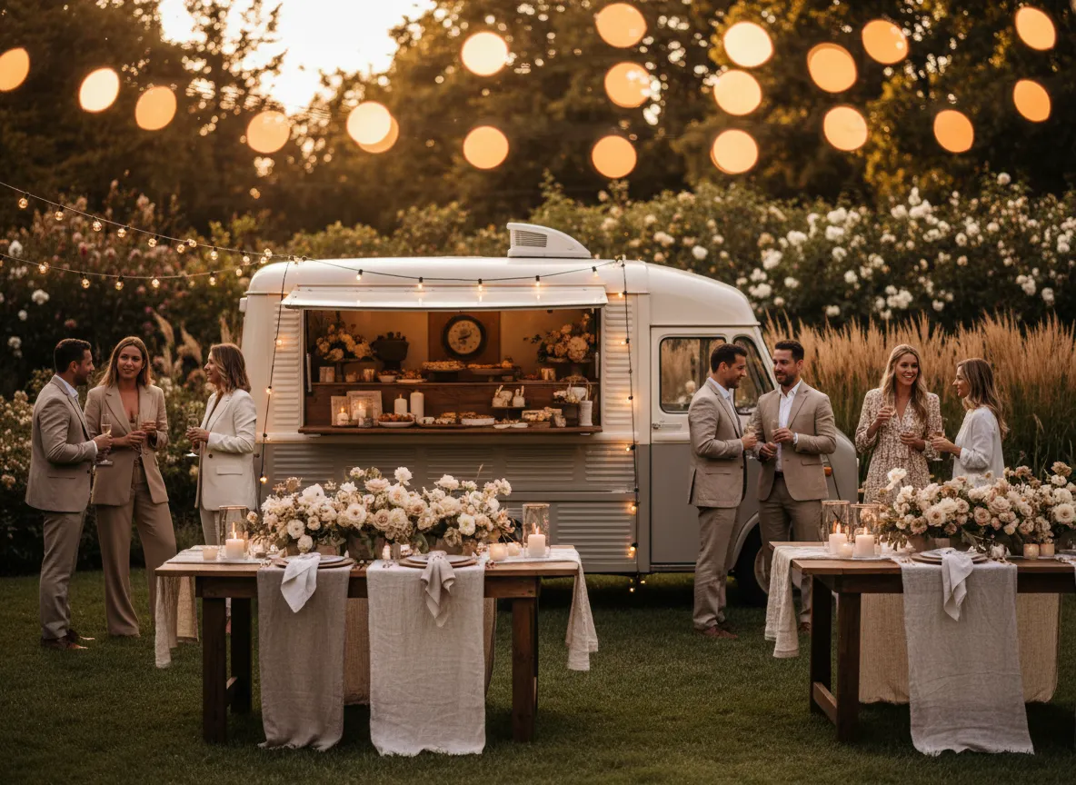 Elegant backyard party catered by a food truck