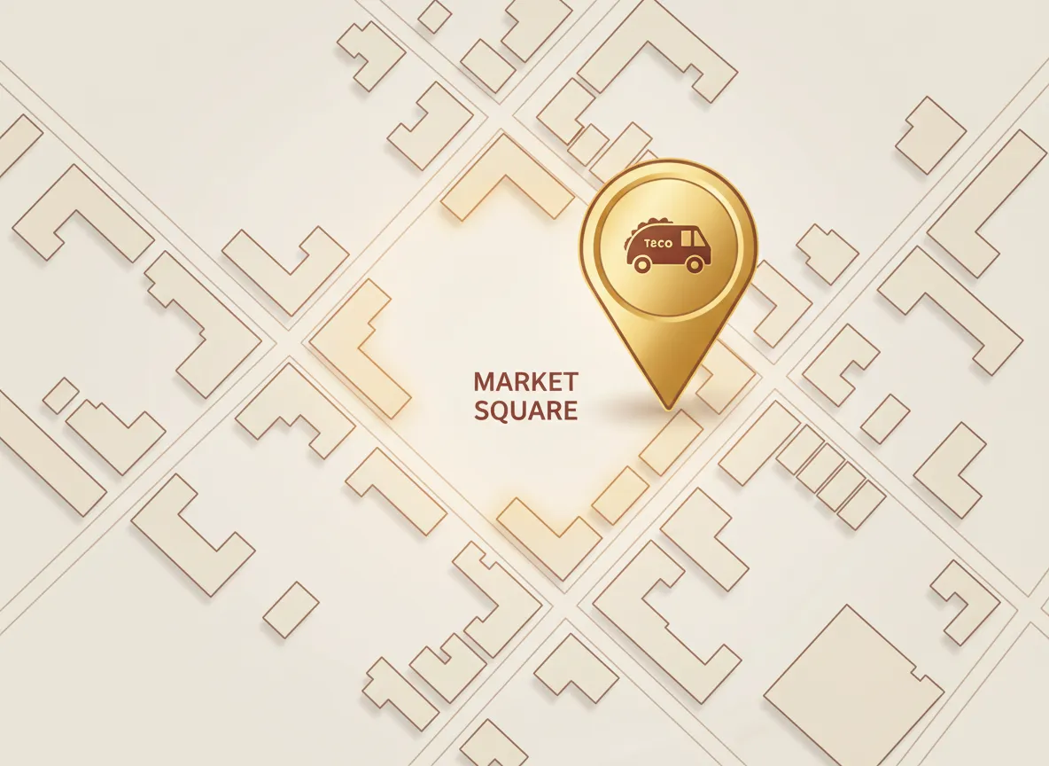 Overhead city map in a clean modern style with a pin marking the Find Us food truck