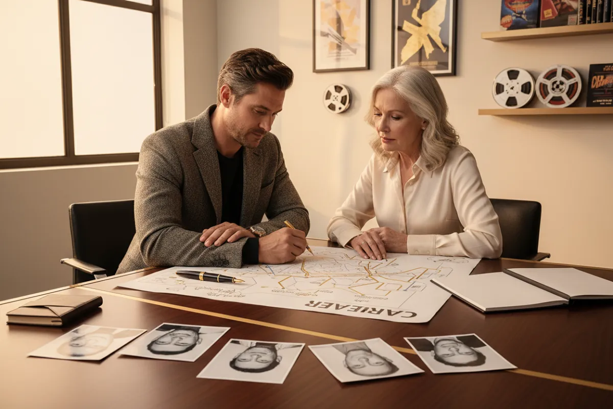 A mid-career actor in a modern office, mapping out a career plan with a mentor, surrounded by headshots and film scripts.
