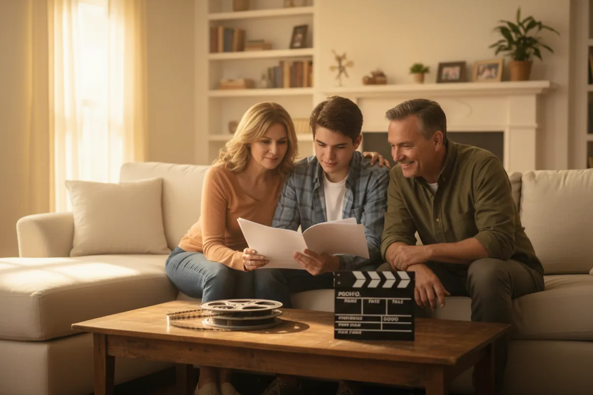 A supportive family and a young actor reviewing a script together in a warmly lit living room, with film reels and a clapperboard on the table.