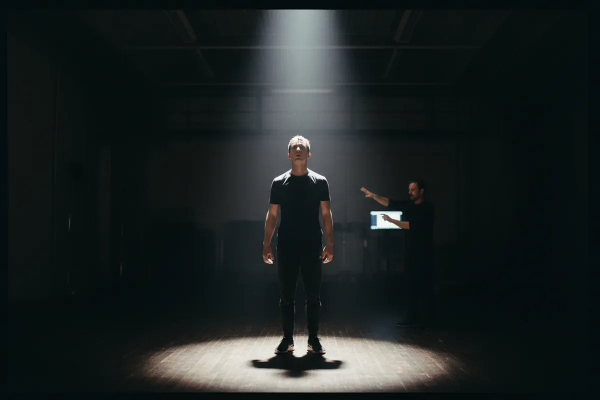A young actor stands center stage in a rehearsal studio, illuminated by a single dramatic spotlight. A director, slightly blurred in the background, offers feedback. The scene is high-contrast, with visible film frame lines and a sense of focused determination.