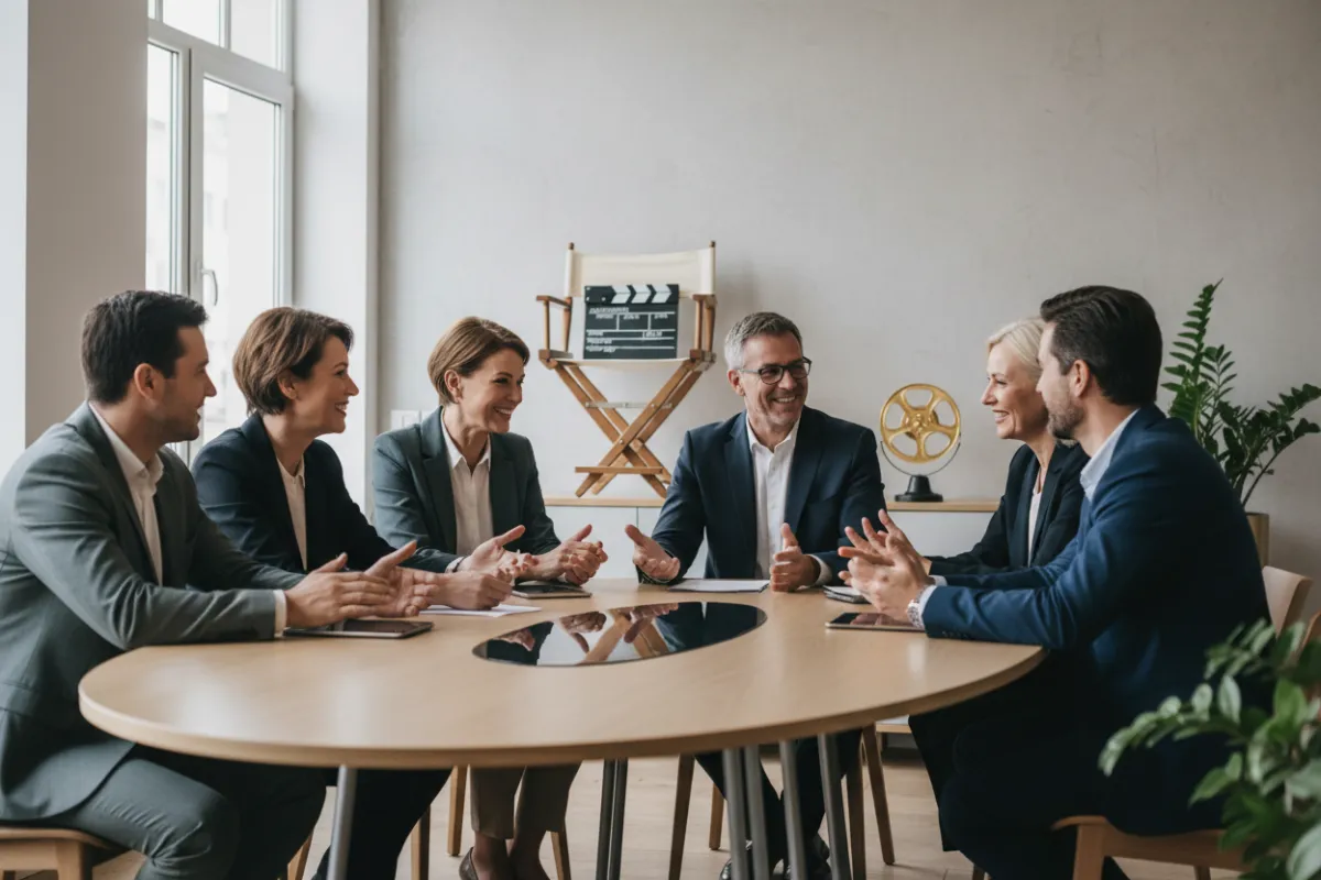 A diverse team of advisors in a modern office, smiling and collaborating around a table with film industry memorabilia.