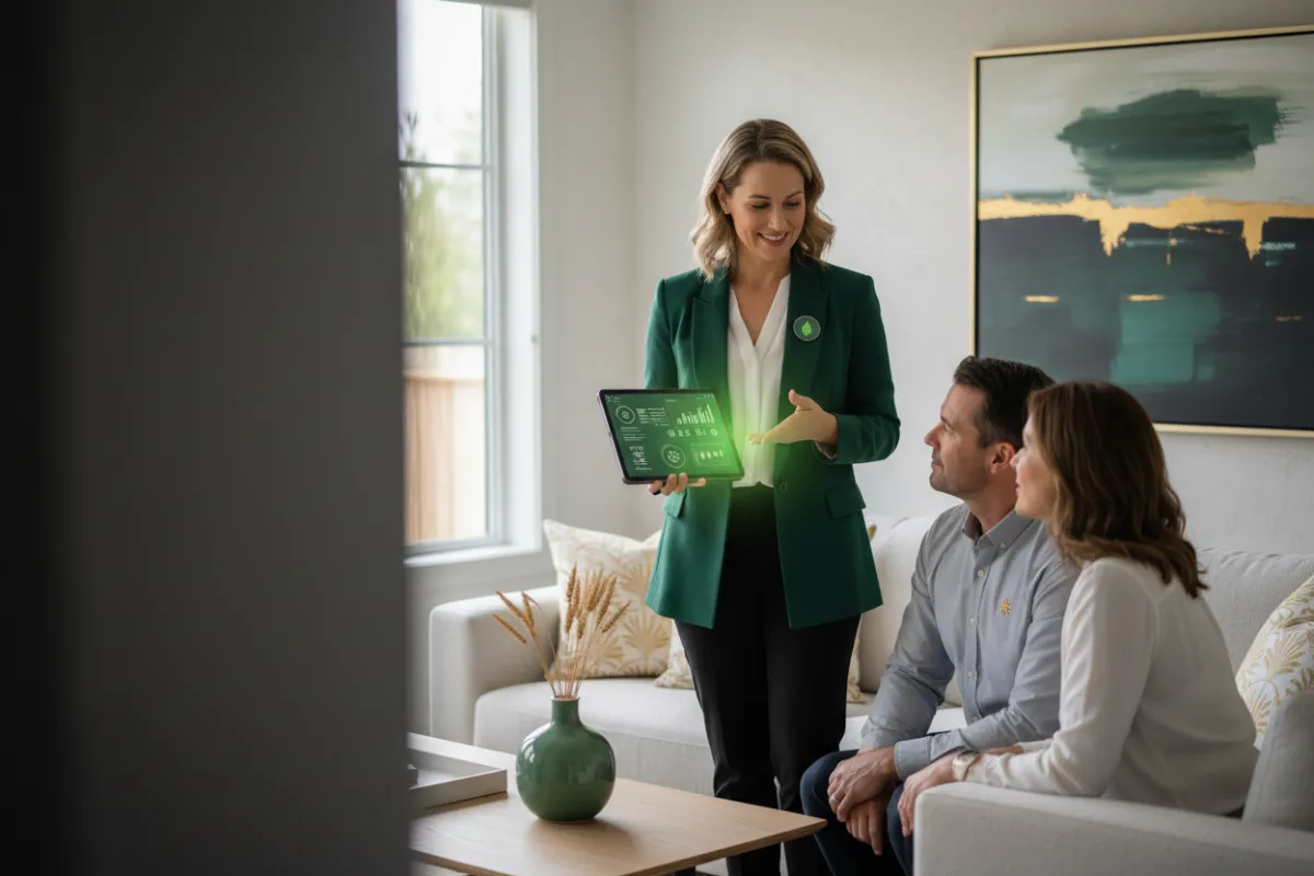 Energy consultant sharing plans on a tablet with homeowners