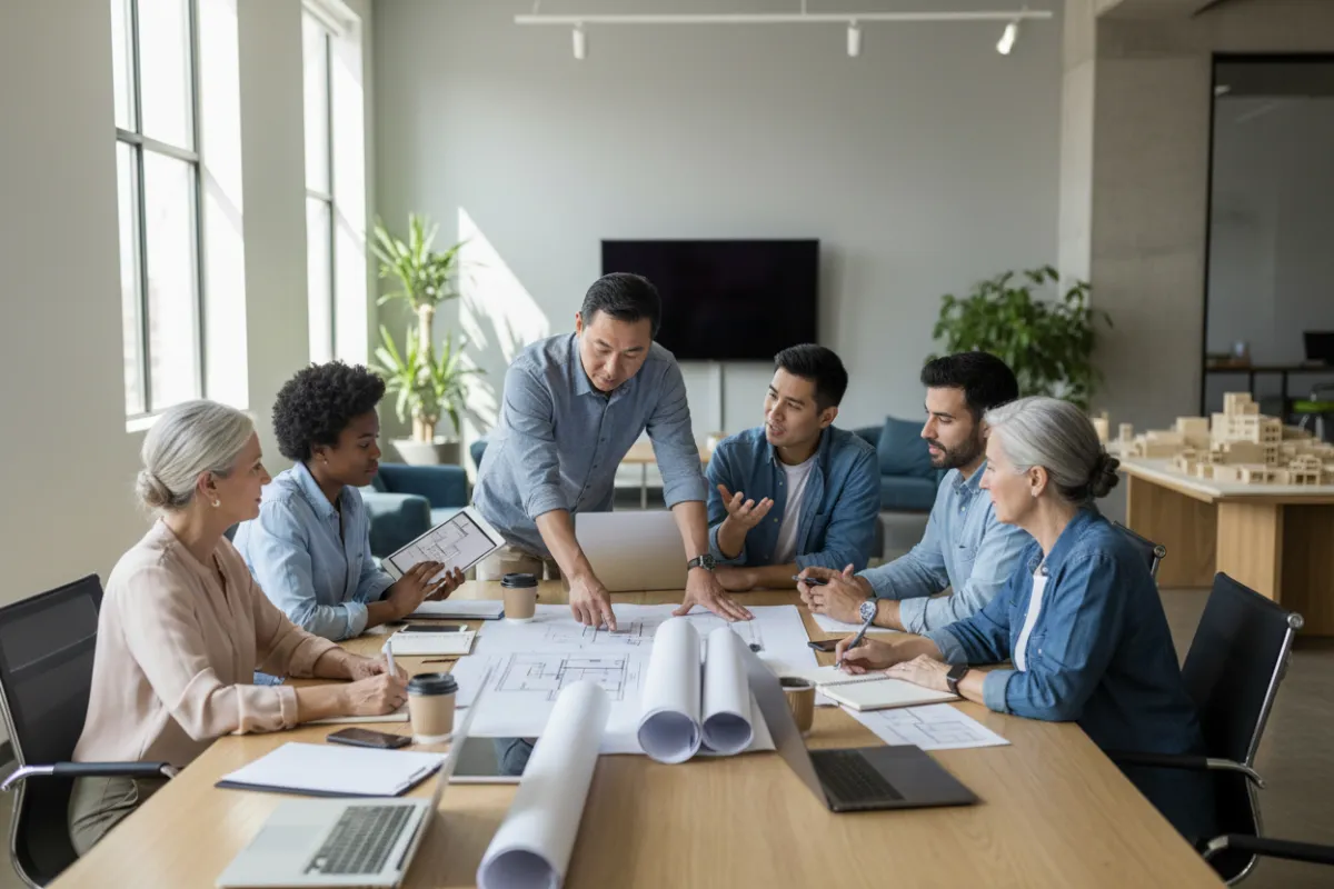 A diverse team of property management professionals discusses a maintenance plan around a conference table, with blueprints and digital devices visible, in a bright, modern office. The group includes men and women of various ages and ethnicities.