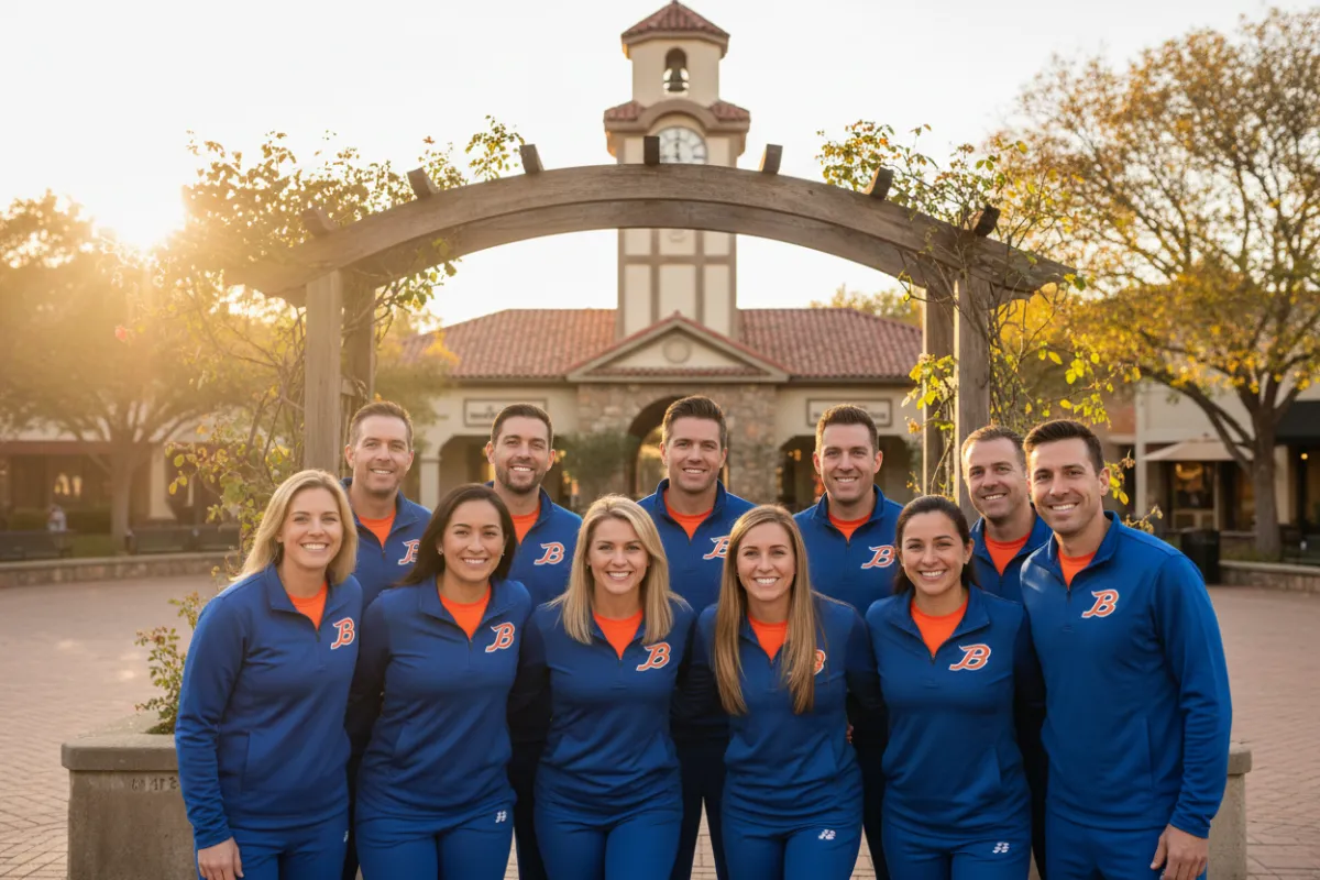 A smiling, multi-ethnic property management team stands together in front of a Brentwood landmark, dressed in branded attire, exuding professionalism and approachability. The background shows a Brentwood street or local landmark. 3:2 aspect ratio.