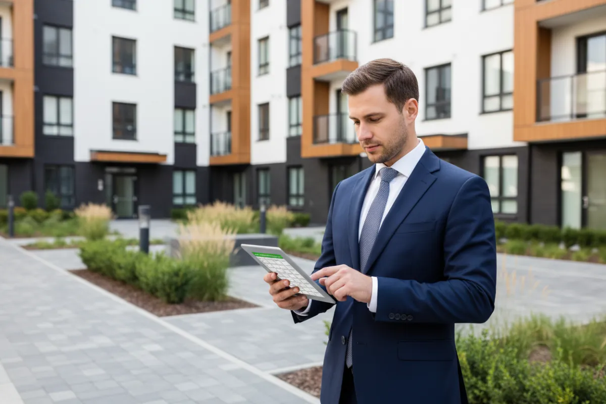 A professional property manager in a navy suit reviews a digital maintenance schedule on a tablet, standing in front of a modern multifamily building with clean landscaping, under bright daylight. The image is crisp, 3:2 aspect ratio, and conveys trust and expertise.