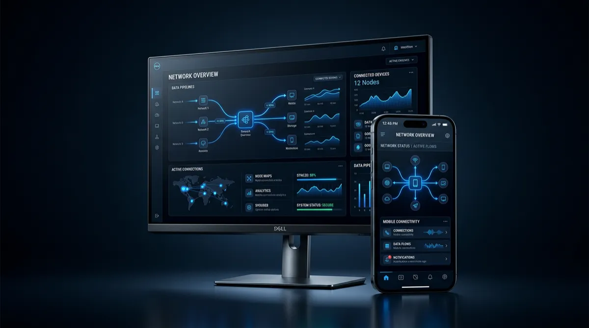 High-fidelity flagship website mockup across desktop display and overlapping mobile device frames in an executive dark studio composition