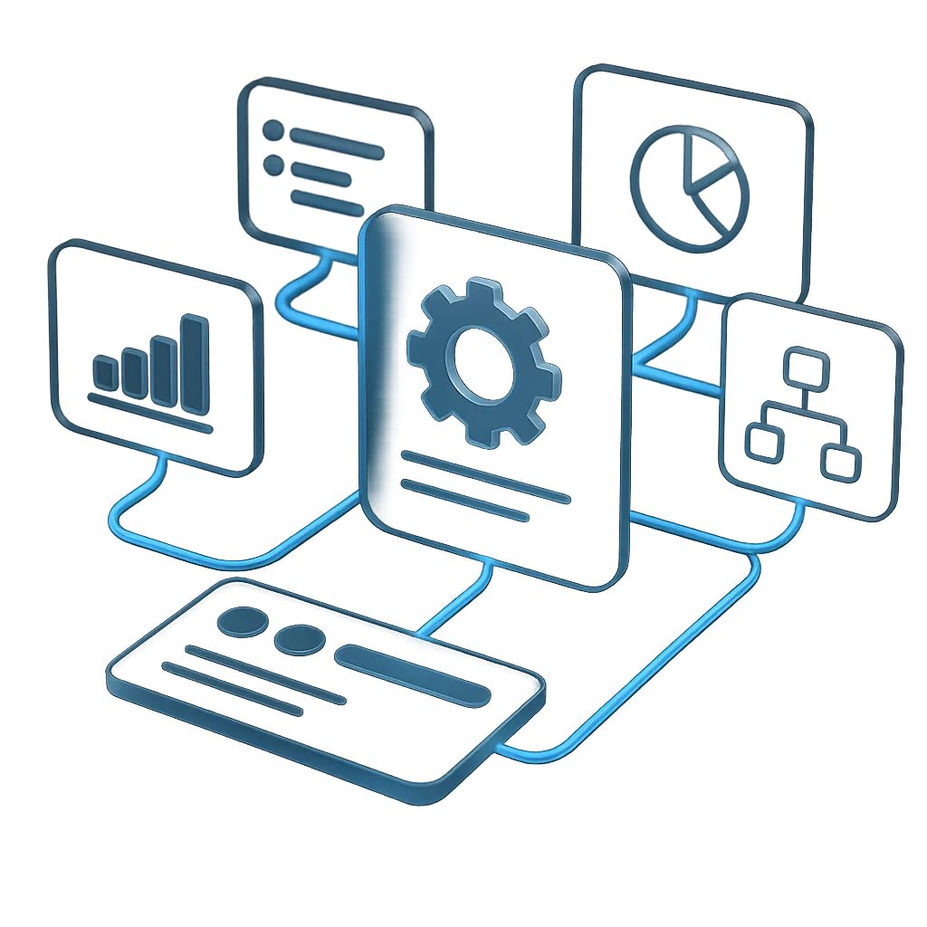 Layered interface ecosystem showing an automated customer journey with AI chat, live calendar booking, and CRM revenue pipeline