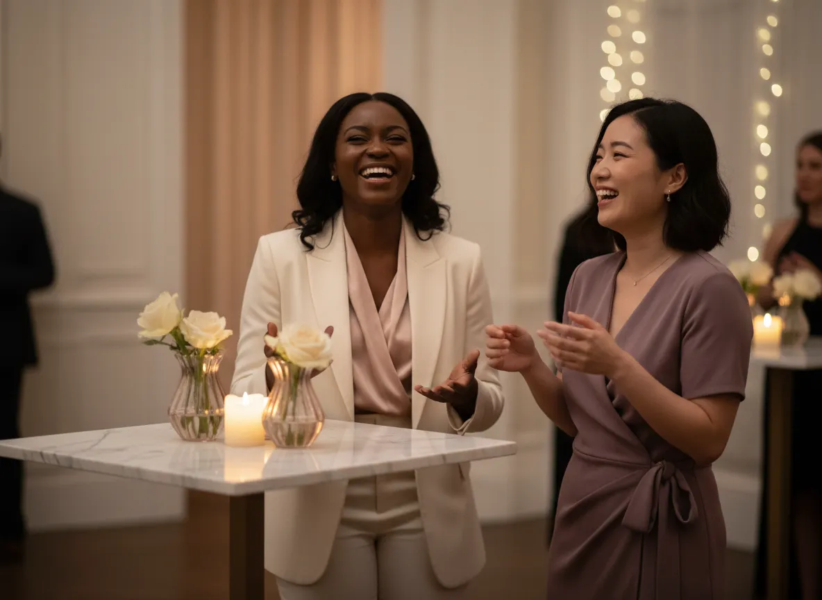 Two women laughing and networking at a modern event
