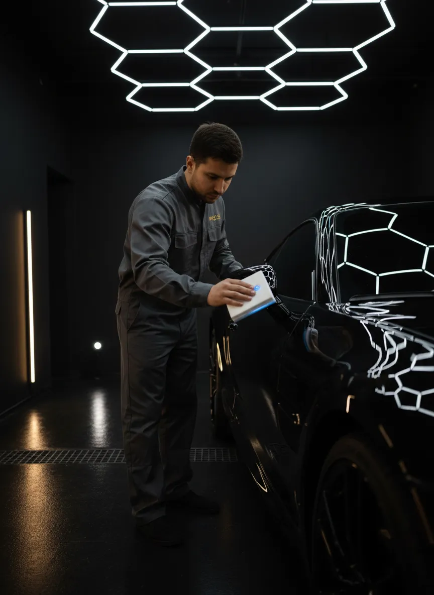 Detailer applying ceramic coating under bright lights