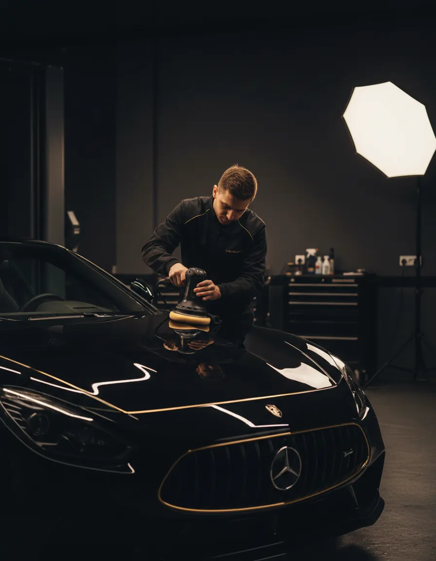 Detailer meticulously working on a luxury black vehicle at Next Level Auto Care