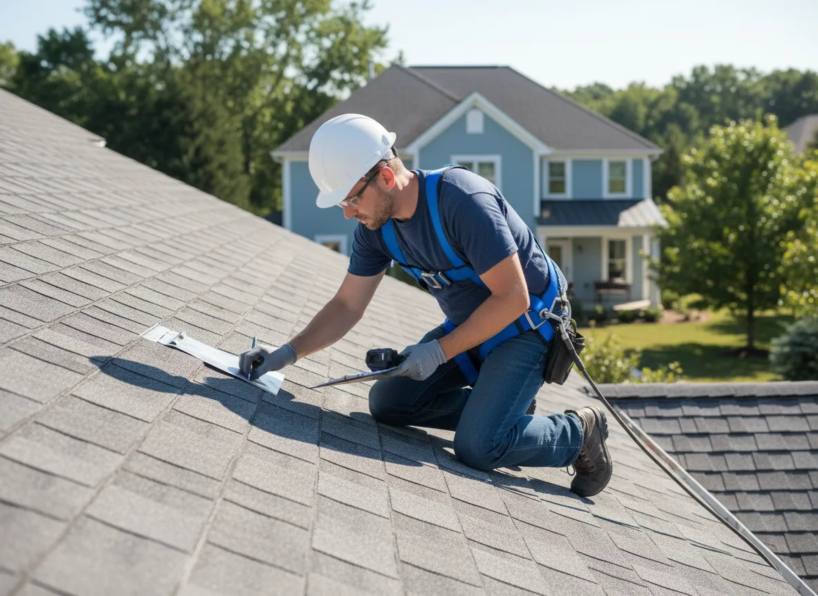 Roofing contractor performing detailed roof inspection on shingle roof