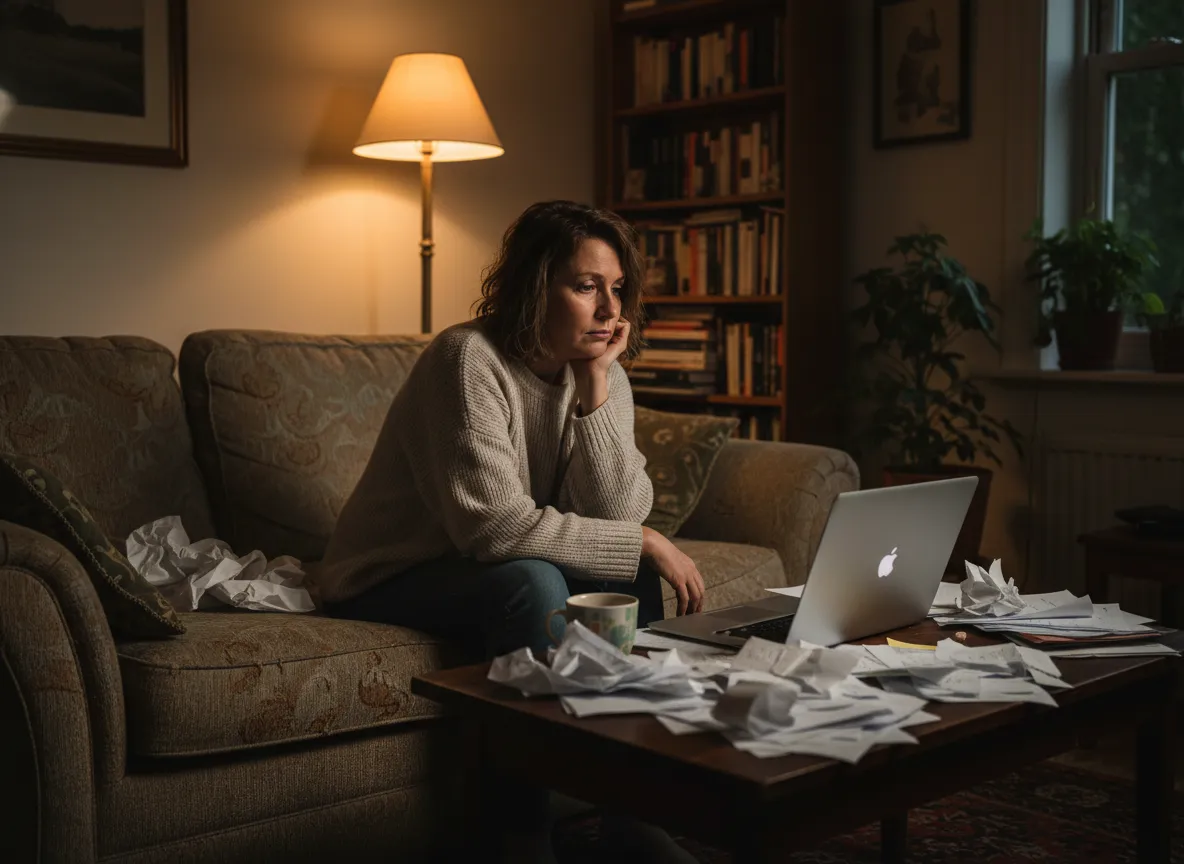 AI image prompt: A realistic, dimly lit shot of a local business owner sitting on their living room sofa at 9 PM, surrounded by paper receipts and an open laptop, looking exhausted but determined.
