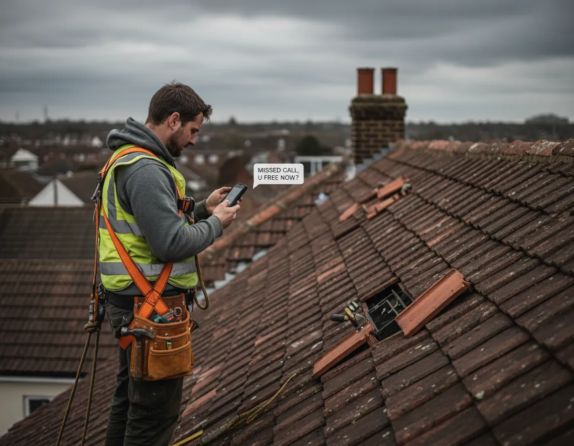 AI image prompt: UK roofer on a roof, tool belt on, glancing at a smartphone with a missed call text-back notification.