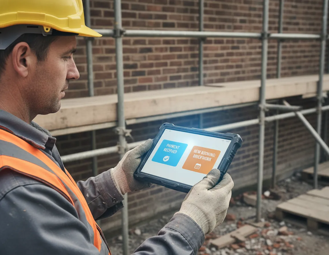 AI image prompt: UK builder on a construction site, hard hat on, checking a tablet that shows payment and booking notifications.