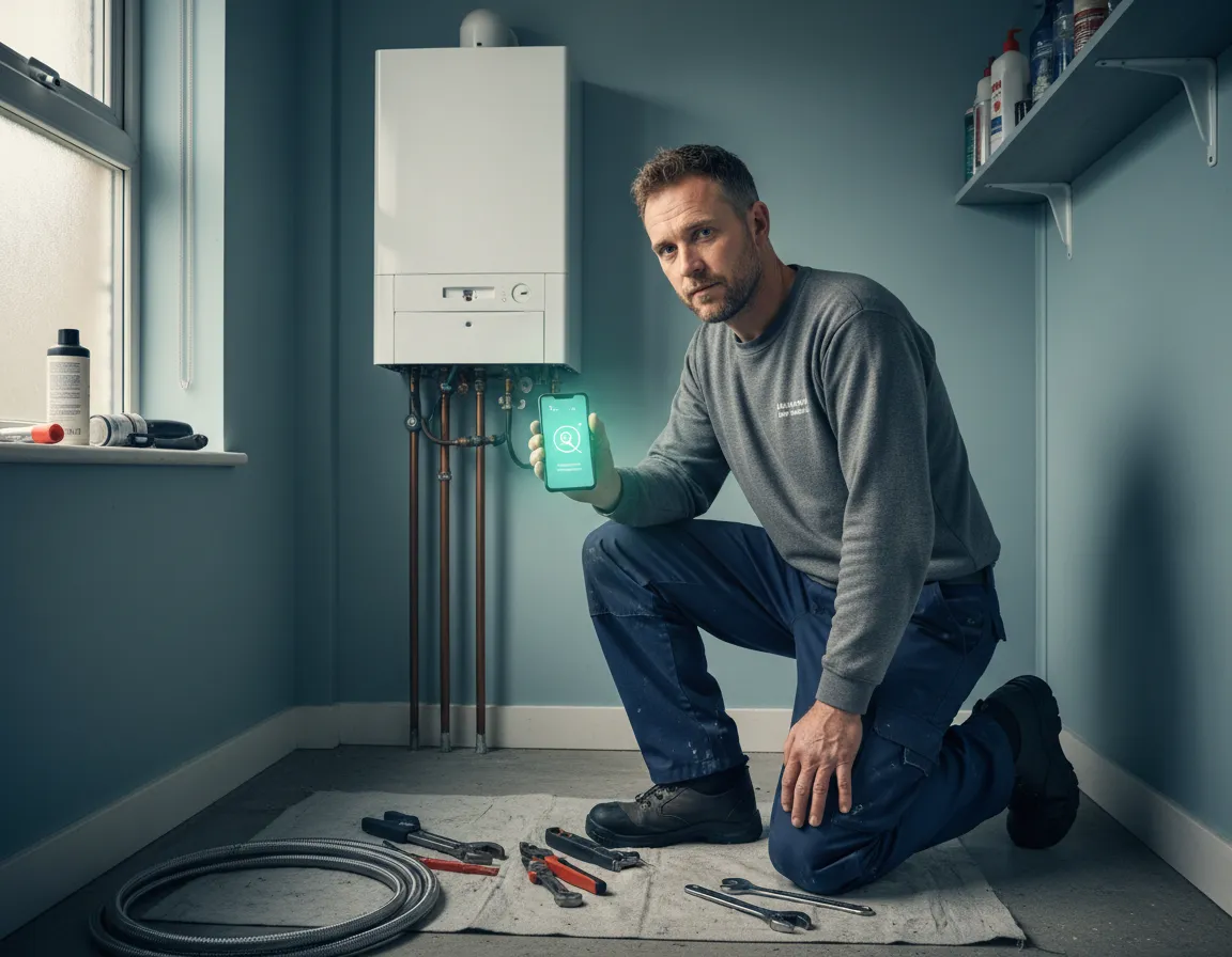 AI image prompt: UK plumber in work clothes kneeling by a boiler, checking their smartphone that shows an incoming booking notification.