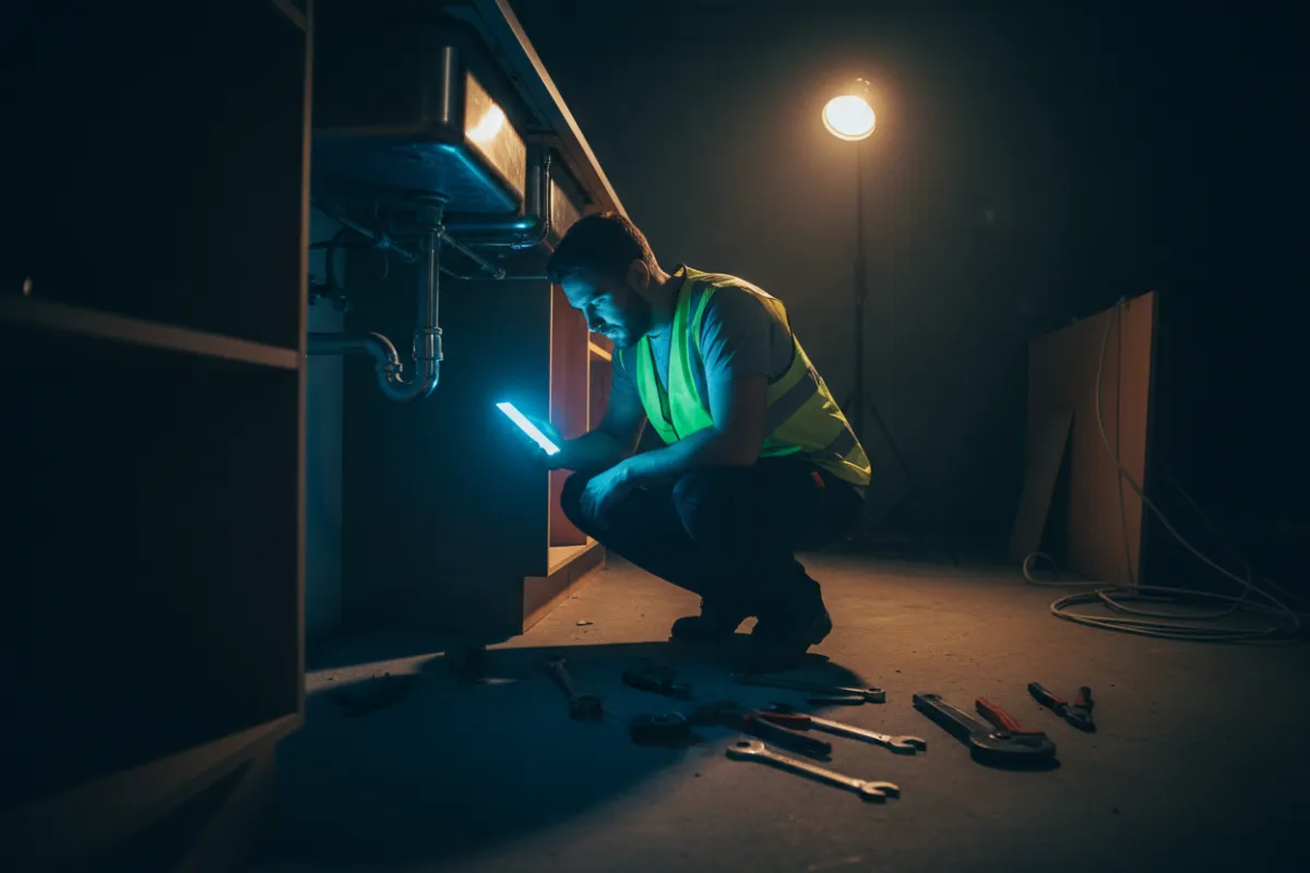 Plumber working under a sink with smartphone